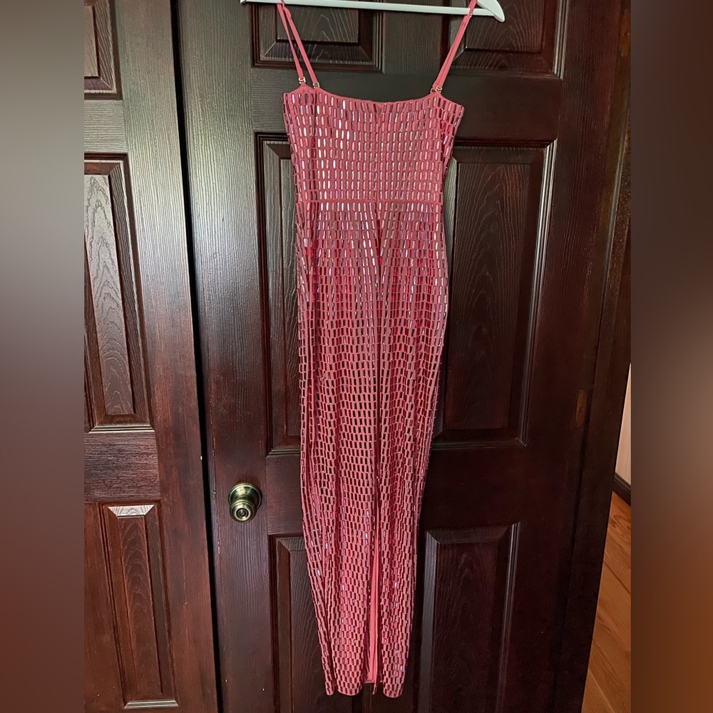 Strapless Pink Mesh Sequin Evening Gown - Picture 9 of 13